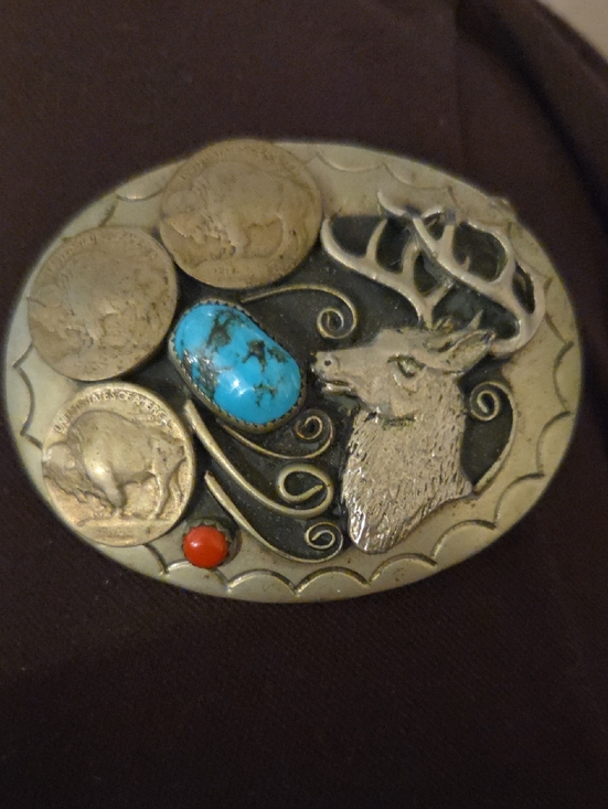 Squaw Wrap Other - Vintage Navajo Silver Turquoise & Coral Belt Buckle By, Squaw Wrap